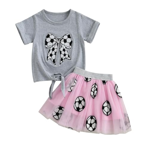 Kayotuas Toddler Girl Summer Clothes Baseball Outfit Fuzzy Baseball/Football Bow Embroidery T-shirt Tulle Skirt 2 Piece Sets