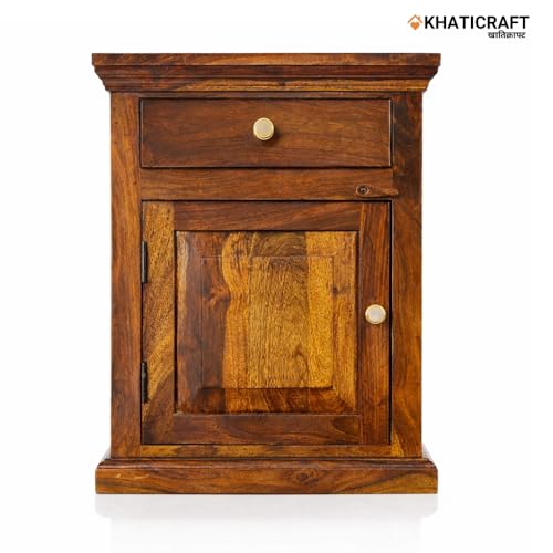 Image of Solid Sheesham Wood Nitya Bedside Table with Drawer and Door Storage for Bedroom | Wooden Nightstand Side Table for Living Room Home and Hotels | Honey Finish