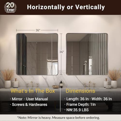 Image of ANDY STAR 36x36 Inch Brushed Nickel Bathroom Mirror, Rounded Square Bathroom Vanity Mirrors for Wall, Anti-Rust SUS304, Seamless Tube Metal Frame, 1'' Deep Wall Mounted Vertically /Horizontal