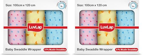 Image of LuvLap 100% Cotton Muslin Baby Swaddle Set, Baby Towel, Size-120cm x 100cm (47 inchx39 inch), Dots Hearts Print, 0-18 Month+, Printed Mulmal Muslin Swaddle Wrap for New Born, Pack of 6