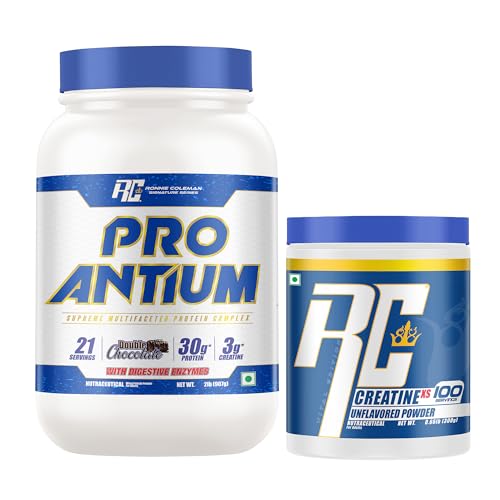 Ronnie Coleman Signature Series Pro-Antium Whey Protein, Double Chocolate (21 Servings, 907g / 2lbs) + Creatine XS, Unflavoured (100 Servings, 300g / 0.66lbs)-image-4