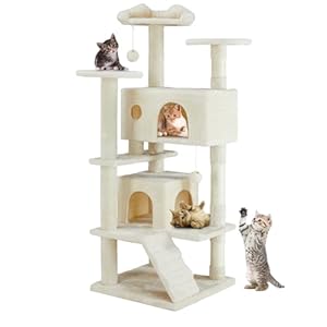 DUMOS 54-inch Indoor Cat Tree Tower –Multi-Level Pet House for Large Cats with 2 Condos, Scratching Posts, Round Platform, Small Ladder, and Toys, Beige