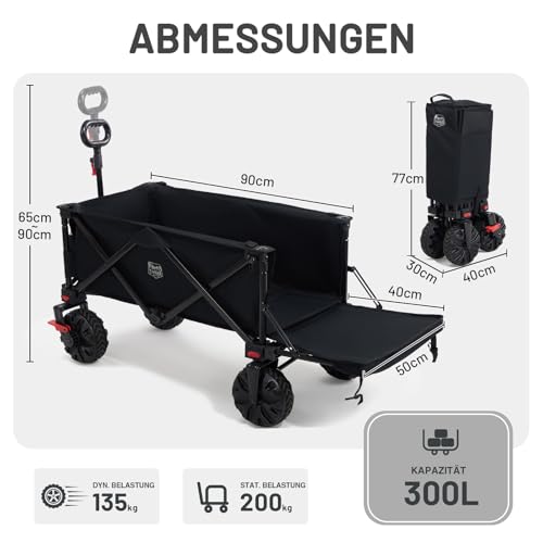 TIMBER RIDGE XXXL Bollerwagen Faltbare 300L Extra Langer mit Faltbarer Heckklappe Handwagen mit Seitentasche Getränkehalter verstellbarem Griff, Gartenwagen Transportwagen für Alle Gelände
