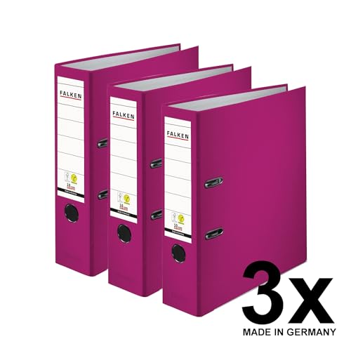 Original Falken 3er Pack PP-Color Ordner. Made in Germany. 8 cm breit DIN A4 Brombeere Vegan Kunststoff-Ordner Ringordner Aktenordner Briefordner Büroordner Plastikordner Schlitzordner
