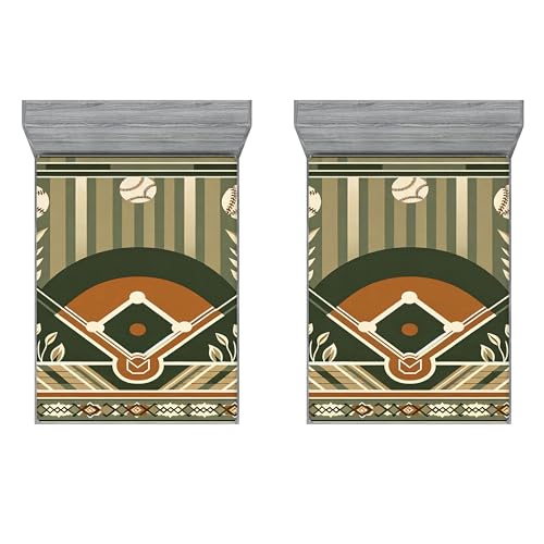 Ambesonne Baseball 2 Pack Fitted Sheet, Field Balls Leaves Print, Bed Cover All-Round Elastic Deep Pockets 2 Pieces, Package Contains 2 Queen Size Fitted Sheets, Olive Green Cinnamon