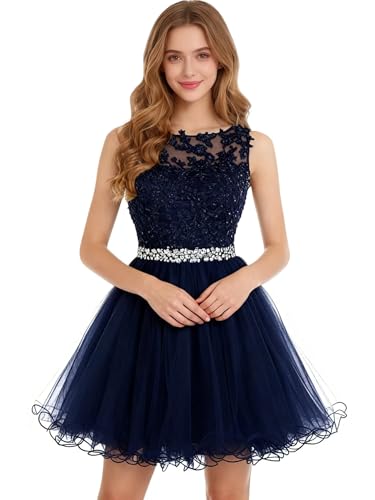 Image of Dydsz Women's Lace Applique Short Prom Dress A Line Tulle Homecoming Dresses Beaded Mini Graduation Party Dress