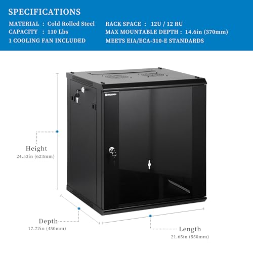 Image of RackPath 12U Wall Mount Network Rack Cabinet - Quiet Cooling Fan, Locking Glass Door, 17.7 inch Deep (450mm), Removable Locking Side Panels, Fits 19 inch IT & A /V Equipment
