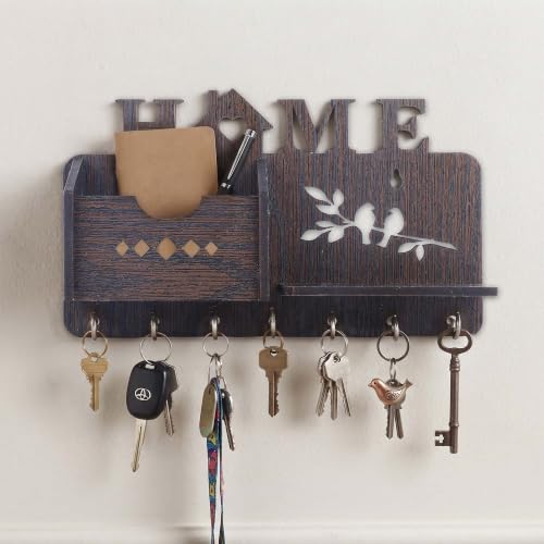 Image of Sehaz Artworks Room Decor | Wall Decor | Wooden Key Holder for Wall (MDF, 7 Hooks, Brown)