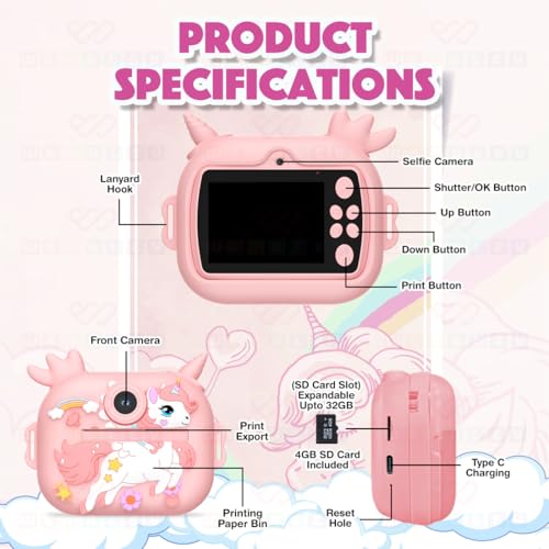 Image of Wembley 8MP Digital Camera for Kids with Print | Instant Printing, Unicorn Design, Video Recorder, 4GB SD Card, Print Paper Rolls, Shoulder Strap for Kids 3-10 Years