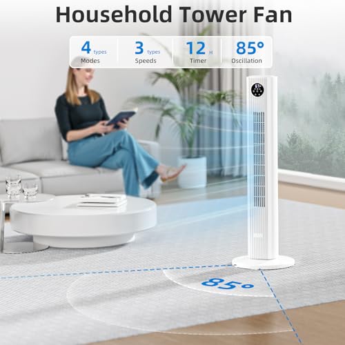 Image of Antarctic Star Tower Fan Portable Floor Fans 85Oscillating Fan Quiet Cooling 12H Timer Remote Control Standing Bladeless Electric 3 Wind Speeds 4 Modes Bedroom Office,36 inch, White