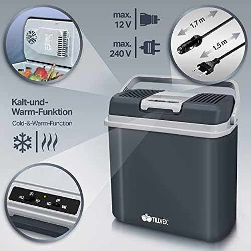 tillvex Lodówka elektryczna 24 l, mini lodówka 230 V i 12 V, do samochodów osobowych, na kemping, chłodzi i ogrzewa, tryb ECO (szara)