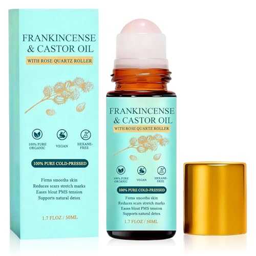 Frankincense and Castor Oil Roll On with Rose Quartz, Delivers Silky Smooth Skin Feel, Suitable for Face, Neck, Abdomen 50ML/1.7OZ(1 Pcs)