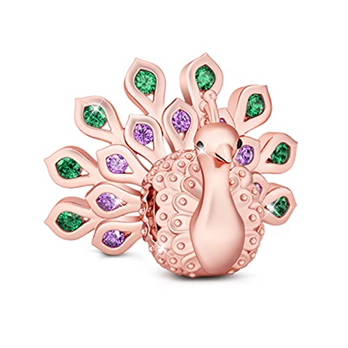 Gnoce "New Beginning And Eternal Life Rose Gold Plated Gorgeous Peafowl Charm With Emerald And Amethyst Stones 925 Sterling Silver Peacock Bead Charm Pendent Crystal Fit Snake Chain Bracelet Necklace #TOP16