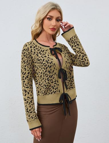 Image of Ythomm Women Leopard Print Bow Tie Cardigan Sweaters Long Sleeve Crewneck Open Front Knit Cardigan Coats Casual Loose Outwear Apricot