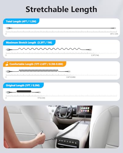 SUNGUY Cavo a Spirale USB C, 1Pezzi 1.2M [Lunghezza comoda: 0.3-0.8M] USB a USB-C e Cavo Dati per Android Auto, CarPlay, iPhone Serie 17/16/15, Galaxy S24 Ultra S23 FE, Google Pixel, Xiaomi - Grigio