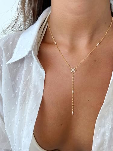 Image of CHESKY Long Necklaces for Women, 14k Gold Plated /Streling Silver Lariat Necklace Dainty Statement Prom Necklace Rosary Cross Sun Drop Pendant Dangle Necklace Gold Prom Jewelry for Women Gifts