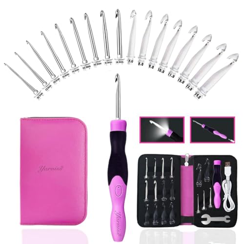Yarniss 17 Size Lighted Crochet Hooks Set 2.5 mm to 14.0 mm, Metal Rechargeable Light Up Crochet Hooks with Case