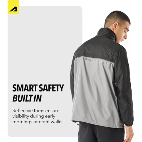 Image of Boldfit Unisex Waterproof Rain Jacket Rainwear Top for Men & Women with Hood Lightweight Monsoon Rain Jacket for Travel, Trekking, Bike Riding & Outdoor Use- Black Grey, M-L