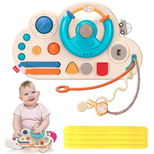 Image of Montessori Toys for 1+ Years Old, Busy Board Toys with 4 Straps Steering Wheel Toy Travel Toys for Toddlers 1-3, Car Seat Toys, Sensory Educational Activity Toys, Best Gift for 18M+ (Blue)
