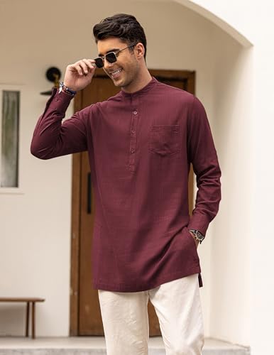 COOFANDY Men's Linen Henley Shirts Long Sleeve Collarless T-Shirts Longline Kurta Beach Shirts with Pocket3