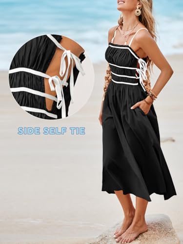 Wenrine Women Summer Spaghetti Strap Dress Sleeveless Tie Smocked Sundress A Line Vacation Beach Midi Dresses3