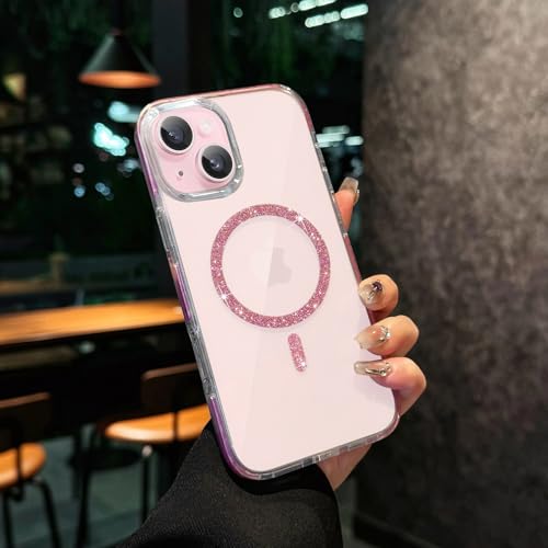 Image of VONZEE Compatible for iPhone 13 6.1'' Back Case Glitter Ring Cute Shiny Colorful Bling Case (Compatible with Magsafe) Transparent PC+TPU Glossy Shiny Cover for Girls Women,Pink