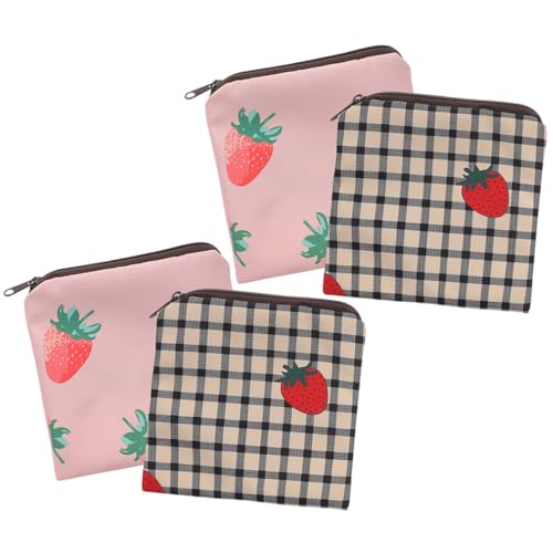 Ciieeo Bolsa Sanitaria con Cremallera, 4 Unidades (2 Fresa 2 Fresa a Cuadros), Organizador Compacto para Tampones y Toallas Sanitarias, Bolso Portátil para Niñas y Adolescentes, Adecuado