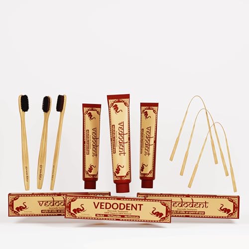Growfitz Vedodent Herbal Ayurvedic Red Toothpaste 100g, Toothbrush, Tongue Cleaner Combo Set | Teeth Whitening, No Artificial Colors | Goodness Of 21 Ayurvedic Herbs | Fresh Breath (Pack of 3)