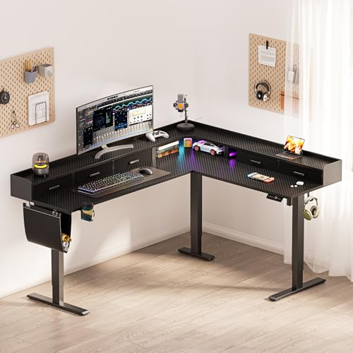 Image of WALKINGDESK 75 Inches Height Adjustable L Shaped Standing Desk with 5 Drawers and Monitor Shelf, Electric Sit to Stand Home Office Computer Table, Ergonomic Corner Gaming Desk, Black