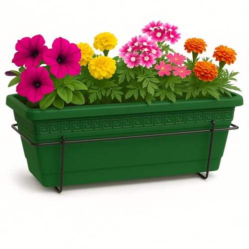 Jardinera de plástico, Balconera de plástico, Macetero para Jardín, Fabricado en Polipropileno, Incluye Soporte, Patio, Interior o Exterior, 40 cm Largo x 15 cm Alto x 18 cm Fondo, Verde