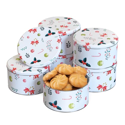 TangFee Chiristmas ornament Style Cookie Tin, 6Packs Metal Round Cookies Containers, Tin with Lid...