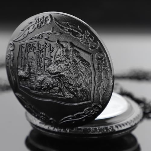Image of Tiong Vintage Pocket Watch Engraved Cowboy Skull Wolf 3D Pattern Arabic Numerals Quartz Pocket Watch with Chain Best Gifts
