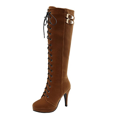 Image of getmorebeauty Womens Knee High Boots Suede Buckle Rock Lace Up Zipped Thigh High Heel Boots