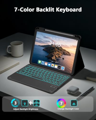 Image of RAYMCRAFT for iPad (A16) 11th /10th Generation Case with Keyboard, 7 Color Backlit, Multi-Touch Trackpad, Folio Case with Pencil Holder, Detachable Wireless Keyboard for iPad (A16) 11th /10th, Black