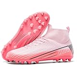 TUGONVAC Girls Boys Soccer Cleats Kids High-top Football Cleats Youth Lightweight Training Soccer Shoes Outdoors AG/FG, Pink, 6 Big Kid
