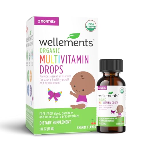 Image of Wellements Organic Baby Multivitamin Drops | Liquid Multivitamin for Infants & Toddlers 2 Months+ | Certified Organic, No Artificial Colors or Flavors | Cherry Flavor, 1 Fl Oz. 30 Servings