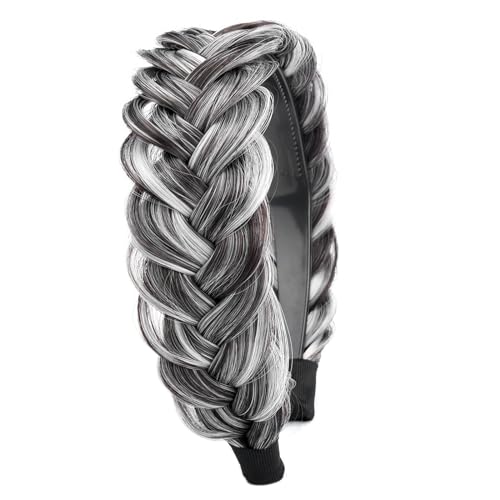 Gledola Wide Messy Braided Headband with Teeth Synthetic Hair Plaited Headband High Elasticity Braids Chunky Fishtail Braided Hair Band Hairpiece for Girls Women (Dark Gray)