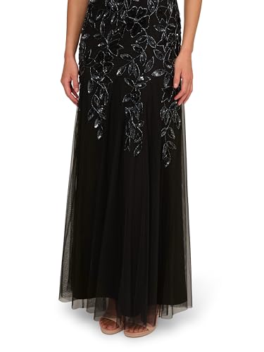 Image of Adrianna Papell Women's Beaded Gown with Godets - Floor Length Gown with Floral Embellishments & Cap Sleeves
