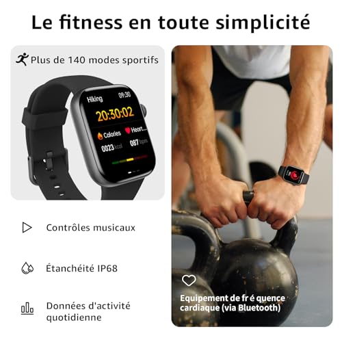 Montre Connectée Homme Femme, 1.85"HD Smartwatch avec Appel Bluetooth, Montre Connectee 140+Mode Sport Moniteur Sommeil/ Fréquence Cardiaque/Podomètre Etanche IP68 Montre Intelligente pour Android iOS – Image 4
