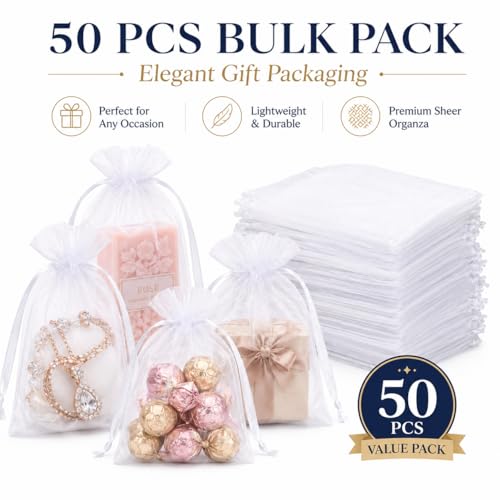 Image of Hopttreely 50Pcs White Organza Bags 5x7 Inches, Durable Mesh Gift Bags Drawstring, Jewelry Pouches Candy Treat Sachet Mesh Bag Drawstring for Wedding Party Favors Baby Shower and Fruit Protection