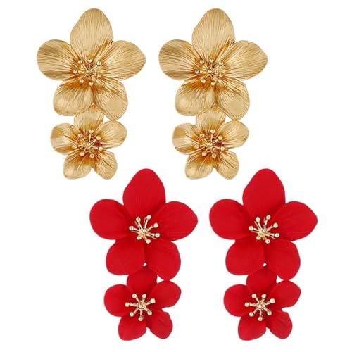 Pendientes Dorados de Pétalos y Flores con Borlas - Colgantes Grandes y Exagerados para Mujer