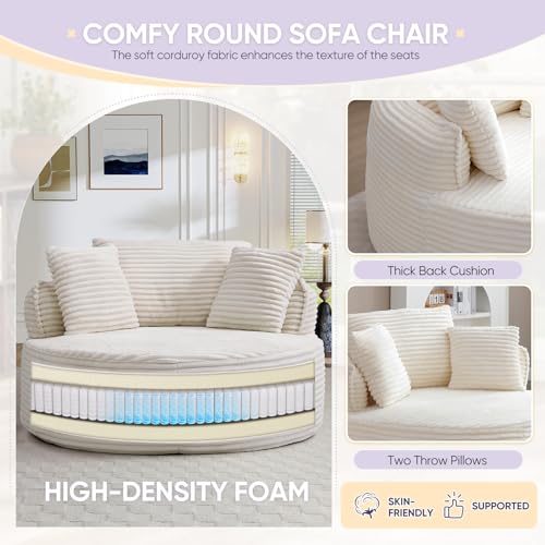 Image of Antetek 53.5-inch Round Chair, Modern Accent Corduroy Comfy Deep Seat Boneless Foam Floor Single Circle Chaise Sofa Chair with 3 Pillows for Living Room Bedroom Office, No Assembly Required, Beige