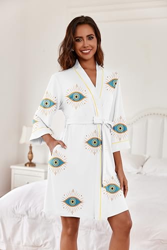 Image of Ekouaer Women Kimono Robes Knee Length Knit Bathrobe Lightweight Soft Sleepwear V-neck Casual Ladies Loungewear