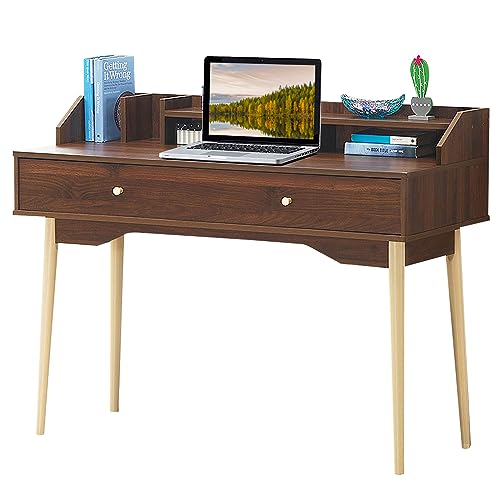 COSTWAY Scrivania con Cassetto, Tavolo per Casa e Ufficio con Gambe Resistenti in Legno di Gomma e 2 Scompartimenti, Ideale per Salone Studio Camera da Letto, 120 x 50 x 93 cm (Marrone)