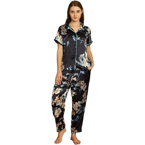 Image of Shararat Women's Satin Night Suit Shirt & Pyjama Set /Sleepwear /Lounge Night Wear /Night Dress, Blue
