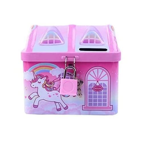JUST NIDZ Unicorn Printed Hut Shape Metal Coin Bank Piggy Bank for Kids with Lock and Key, Medium Heart Piggy Bank Multi-Color (Pink or Blue Anyone as per Availability)