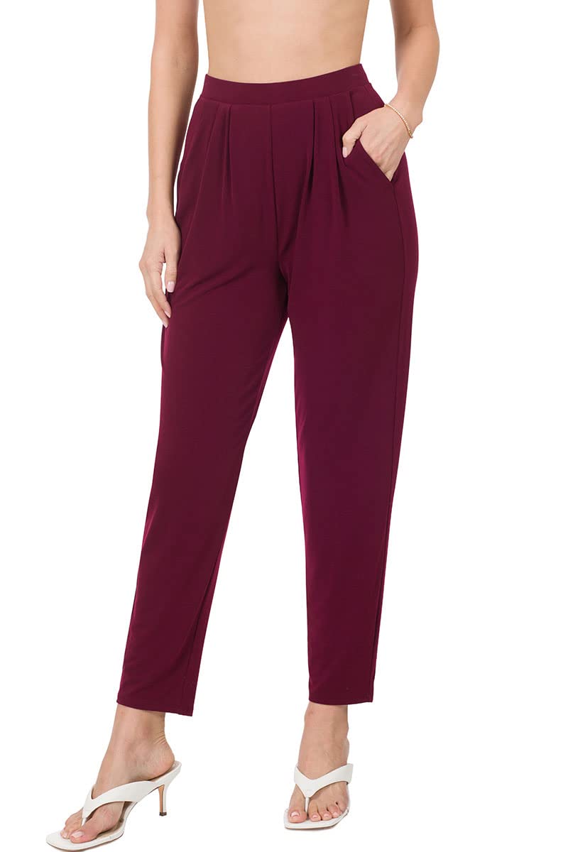 NioBe Clothing Womens Pleated High Rise Elastic Waist Ankle Pants w Pockets