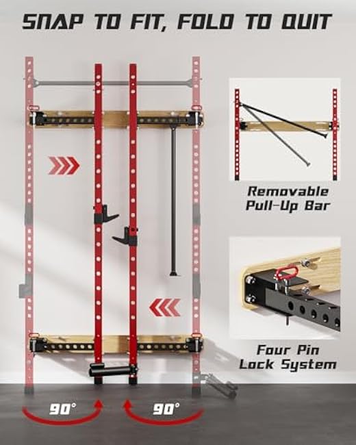 2 x 2 Folding Wall Mounted Squat Rack, 1100 Pounds Capacity Power Rack with Pull Up Bar, J Hooks and Other Attachments, Space-Saving Home Gym Package