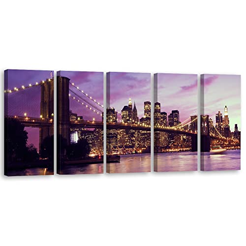 Feeby 5 pièces Impression sur Toile Intissé 100x40 cm ÉTATS UNIS Skyline Amérique Pont de Brooklyn Image décoration Murale Design Chambre d'enfant...