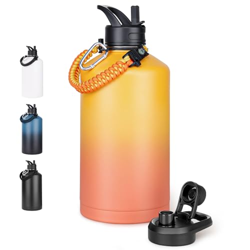 Image of Fijinhom Gallon Water Bottle with 2 Lids (Straw & Spout), 304 Stainless Steel Water Jug with Handle and Wide Mouth, 1 Gallon Vacuum Double Walled Jug for Sports, Outdoors, Yellow&Orange 128 oz